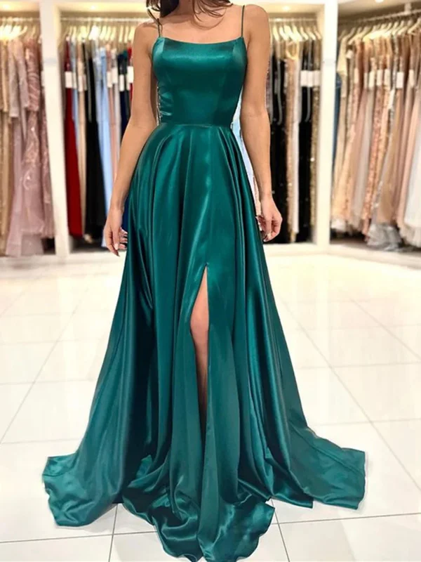 homecoming party dressesSimple Backless Dark Green Satin Long Prom Dresses with High Slit, Dark Green Formal Graduation Evening Dresses SP2545