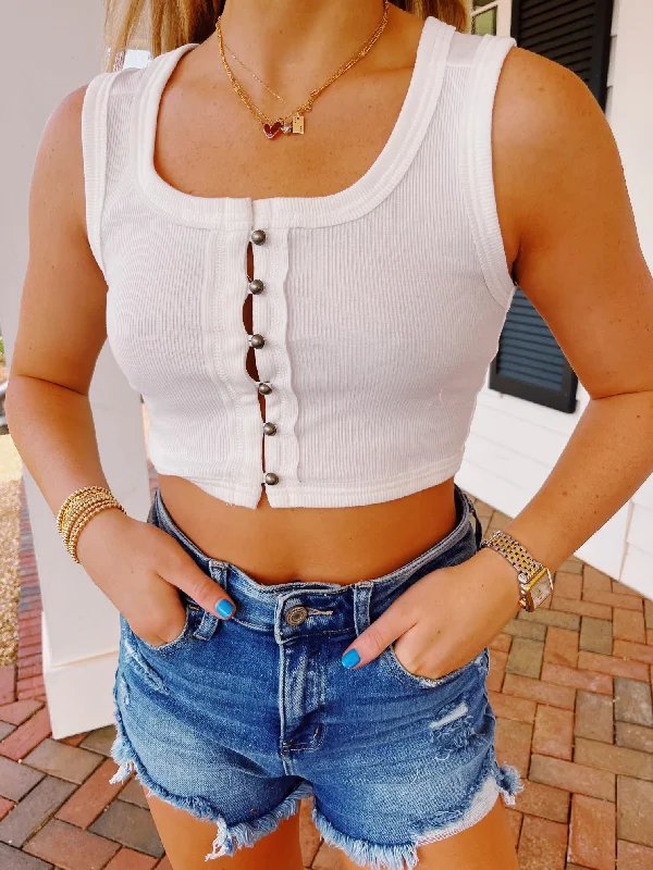 women's tops for those who love to experiment with fashionCute As A Button Cropped Tank Top - White