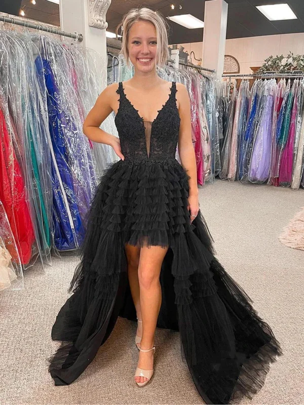 sequined party dressesV Neck Backless High Low Beaded Black Lace Long Prom Dresses, Backless Black Formal Dresses, Black Lace Evening Dresses SP2368