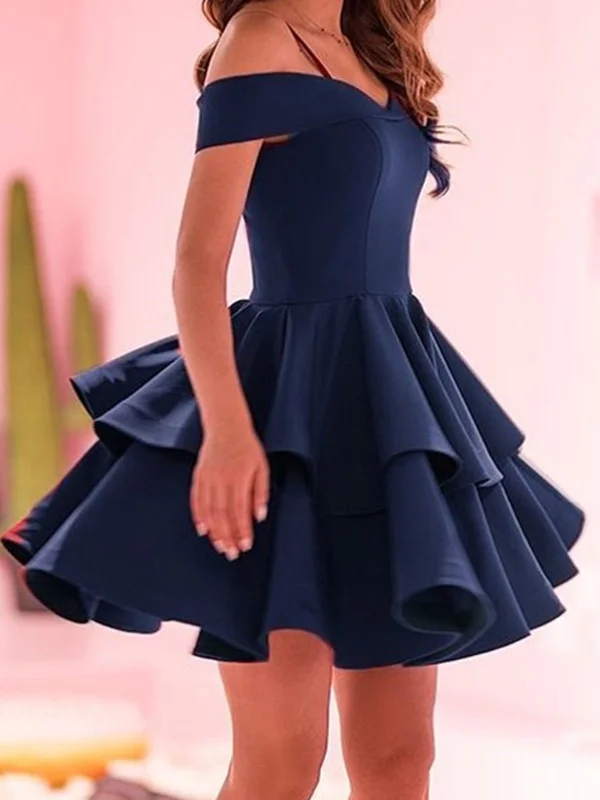 cotton party dressesCute Off Shoulder Layered Navy Blue/Red Short Prom Dresses, Off the Shoulder Navy Blue/Red Homecoming Dresses, Navy Blue/Red Formal Evening Dresses