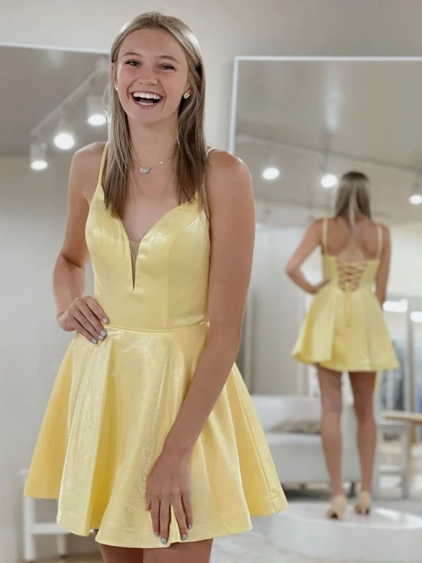 beach party dressesA Line V Neck Yellow Satin Short Prom Dresses, V Neck Yellow Homecoming Dresses, Yellow Formal Graduation Evening Dresses