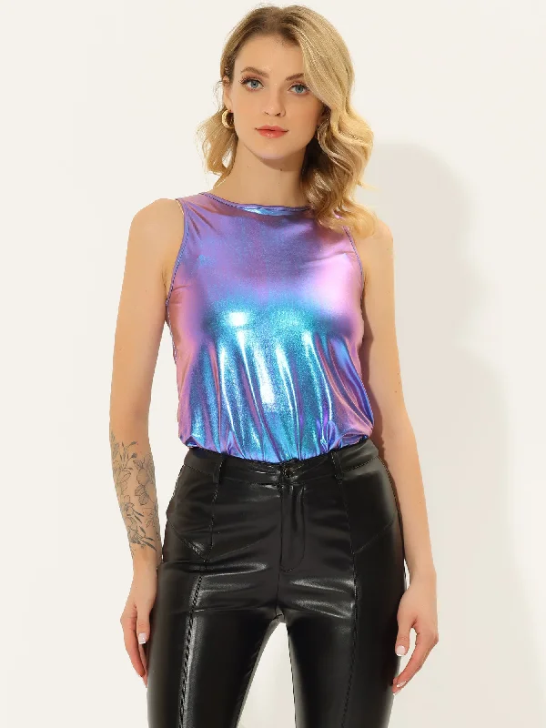 affordable women's topsShiny Sleeveless Camisole Club Shimmer Metallic Tank Top