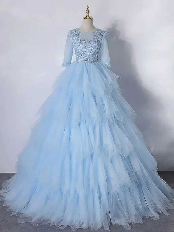 statement-making party dressesRound Neck Half Sleeves Layered Light Blue Long Prom Dresses, Light Blue Lace Formal Dresses, Blue Evening Dresses SP2564