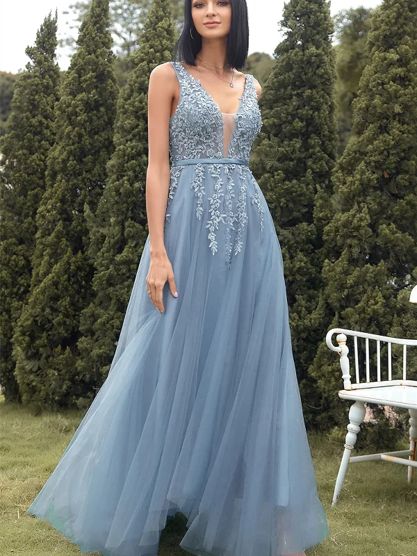 minimalist party dressesA Line V Neck Blue Lace Tulle Long Prom Dresses, Blue Lace Formal Dresses, Blue Evening Dresses SP2438