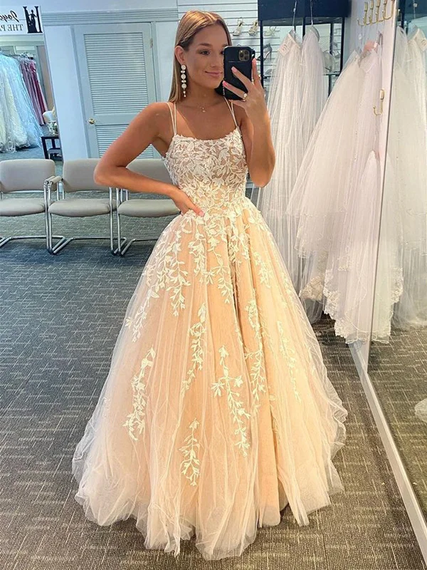 pastel party dressesOpen Back Champagne Lace Tulle Long Prom Dresses, Champagne Lace Formal Evening Dresses, Champagne Ball Gown SP2402