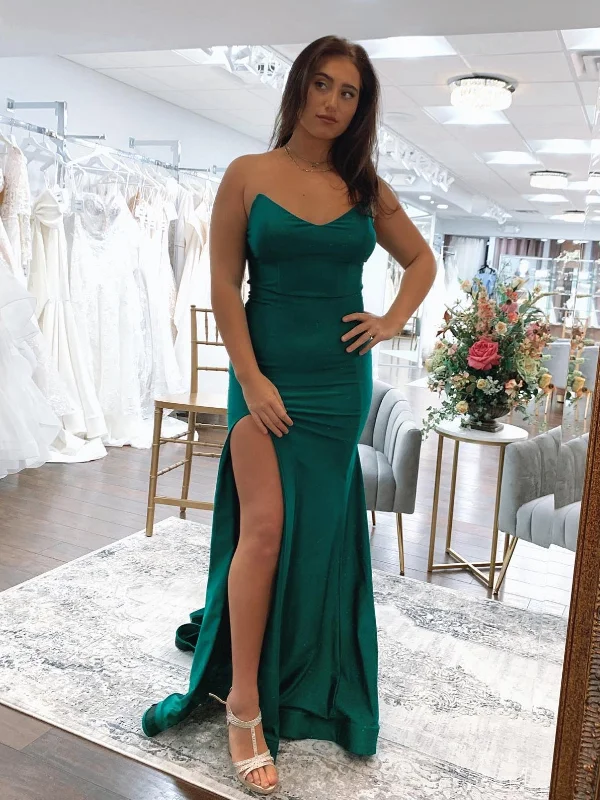 affordable luxury party dressesStrapless Mermaid Green Satin Long Prom Dresses, Mermaid Green Formal Dresses, Green Evening Dresses SP2637