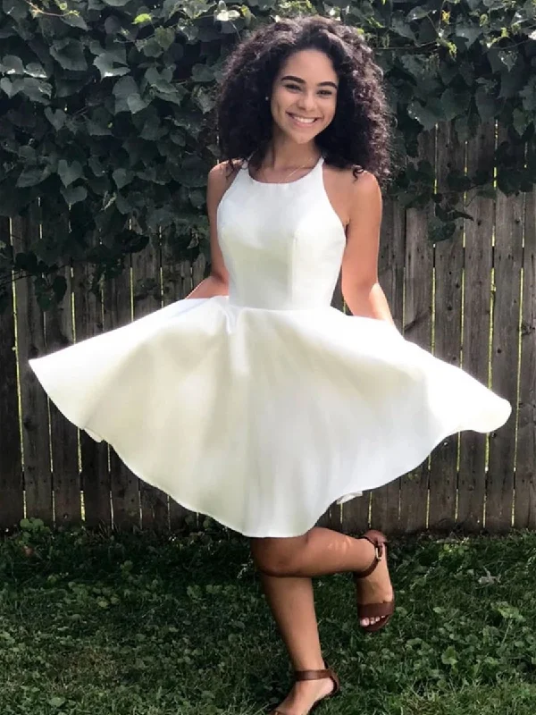 ready-to-wear party dressesSimple Round Neck White Satin Short Prom Dresses Homecoming Dresses, White Formal Graduation Evening Dresses