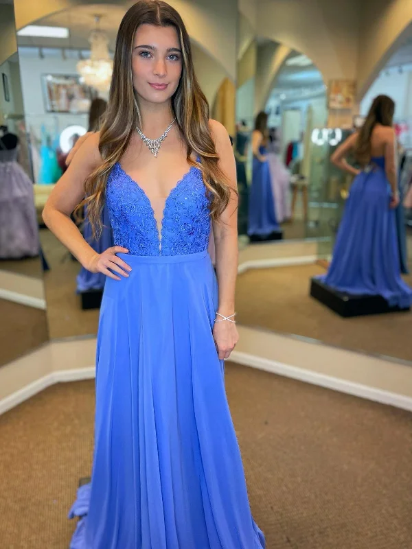 holiday party dressesV Neck Open Back Blue Lace Long Prom Dresses, Blue Lace Formal Graduation Evening Dresses SP2477