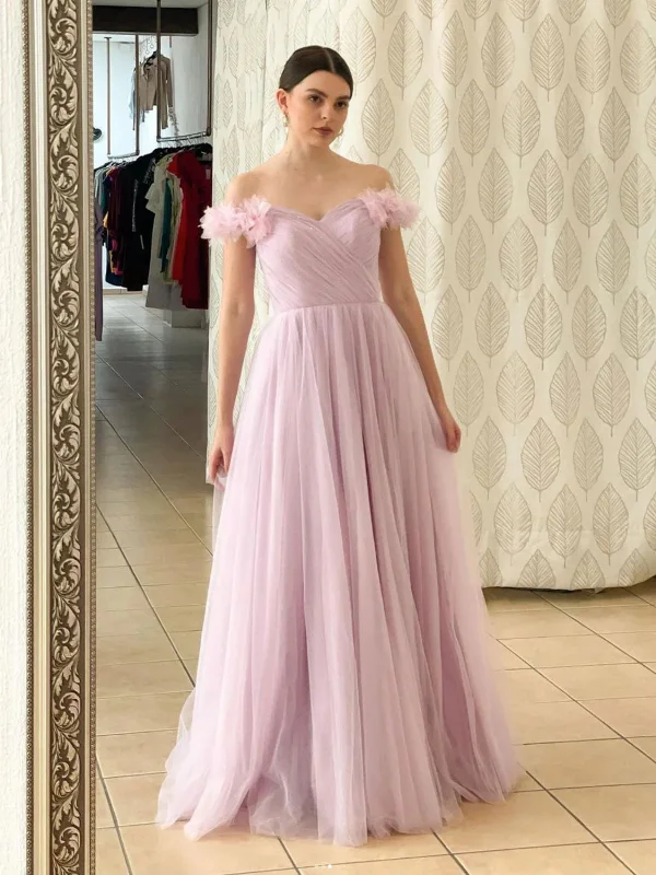 off-the-shoulder party dressesOff Shoulder Pink Tulle Long Prom Dresses, Long Pink Formal Graduation Evening Dresses SP2560