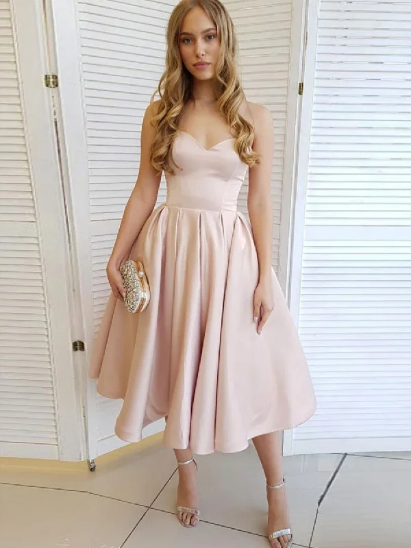 glam party dressesA Line Sweetheart Neck Strapless Tea Length Champagne Prom Dresses Homecoming Dresses, Strapless Pink Formal Graduation Evening Dresses