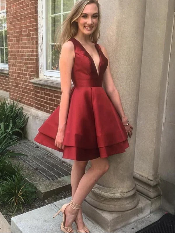 peplum party dressesV Neck Layered Burgundy Satin Short Prom Dresses, V Neck Burgundy Homecoming Dresses, Burgundy Formal Evening Dresses