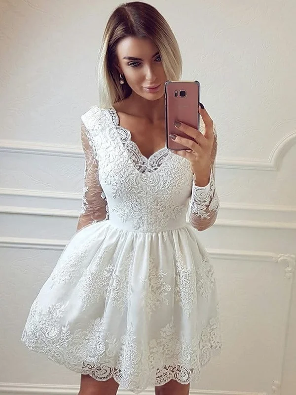 plus-size party dressesV Neck Long Sleeves Lace White Short Prom Dresses Homecoming Dresses, Long Sleeves White Lace Formal Graduation Evening Dresses