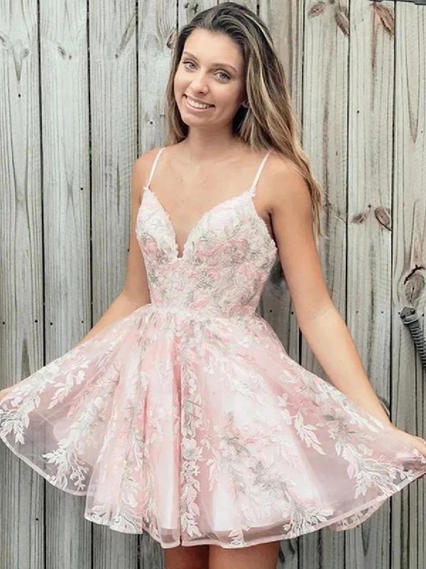 black-tie party dressesCute V Neck Lace Appliques Pink Short Prom Dresses Homecoming Dresses, Lace Pink Formal Graduation Evening Dresses