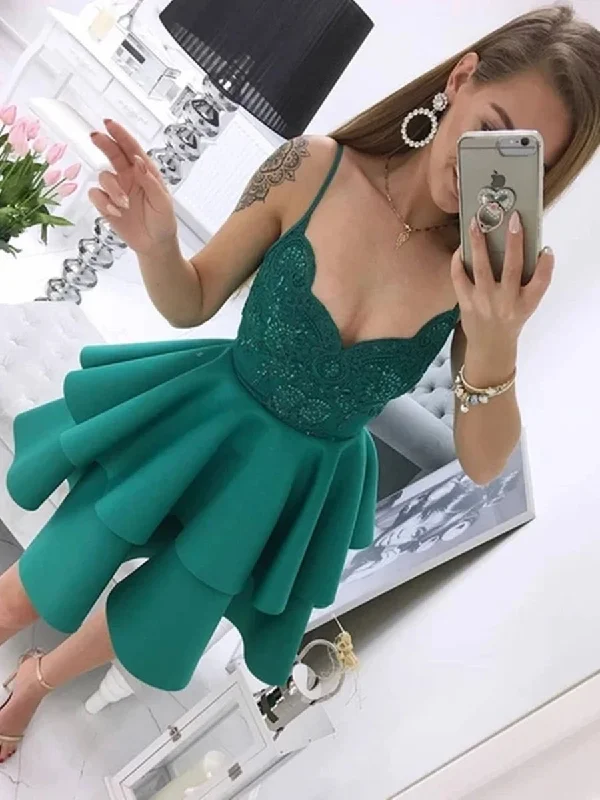 high-low party dressesCute Spaghetti Straps Green Lace Short Prom Homecoming Dresses, Layered Green Lace Formal Graduation Evening Dresses