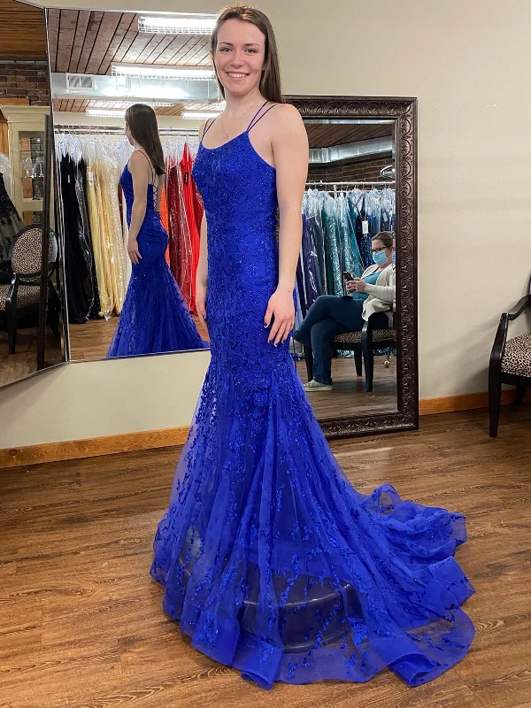 elegant party dressesMermaid Backless Blue Lace Long Prom Dresses, Mermaid Blue Formal Dresses, Blue Lace Evening Dresses SP2311