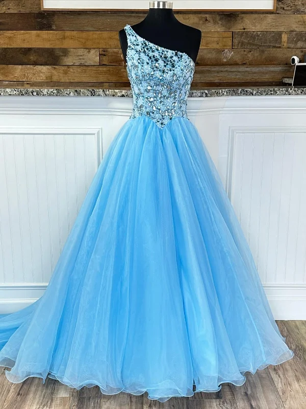 petite party dressesGorgeous One Shoulder Beaded Blue Long Prom Dresses, Beaded Blue Formal Evening Dresses, Ball Gown SP2548