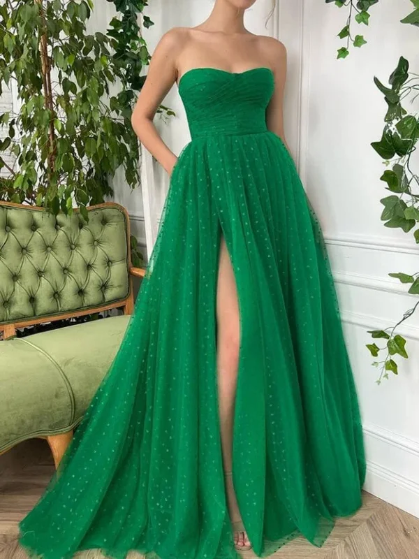 black-tie party dressesElegant Strapless Green Tulle Long Prom Dresses with High Slit, Long Green Formal Graduation Evening Dresses SP2612