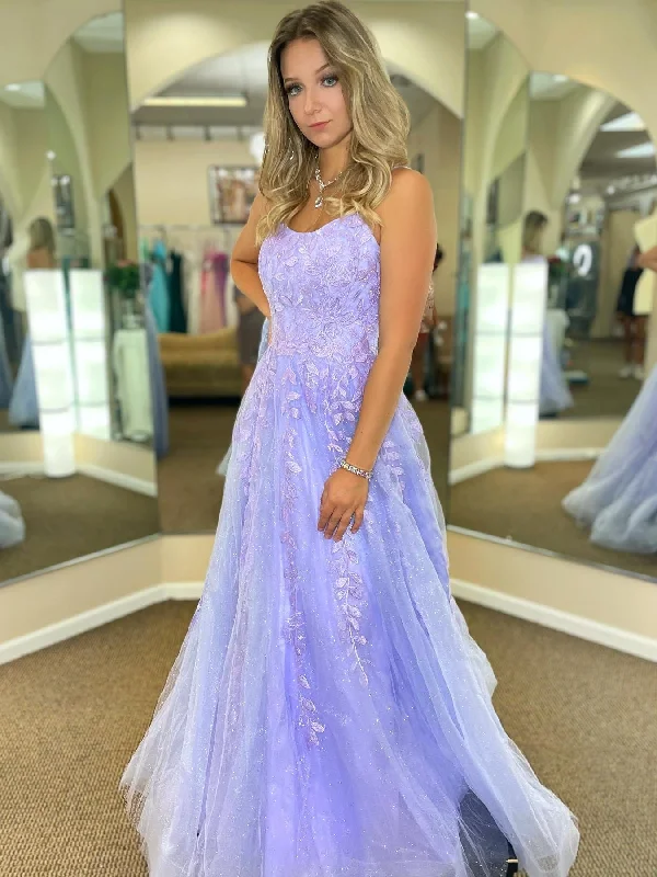 summer party dressesOpen Back Purple Lace Tulle Long Prom Dresses, Purple Lace Formal Dresses, Purple Evening Dresses SP2486