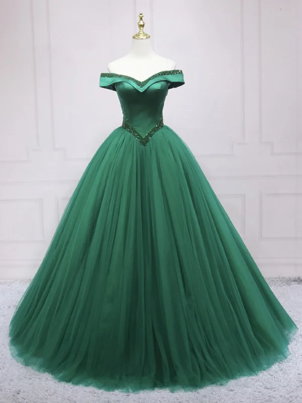 off-the-shoulder party dressesGorgeous Off Shoulder Beaded Green Long Prom Dresses, Green Formal Evening Dresses, Ball Gown SP2517