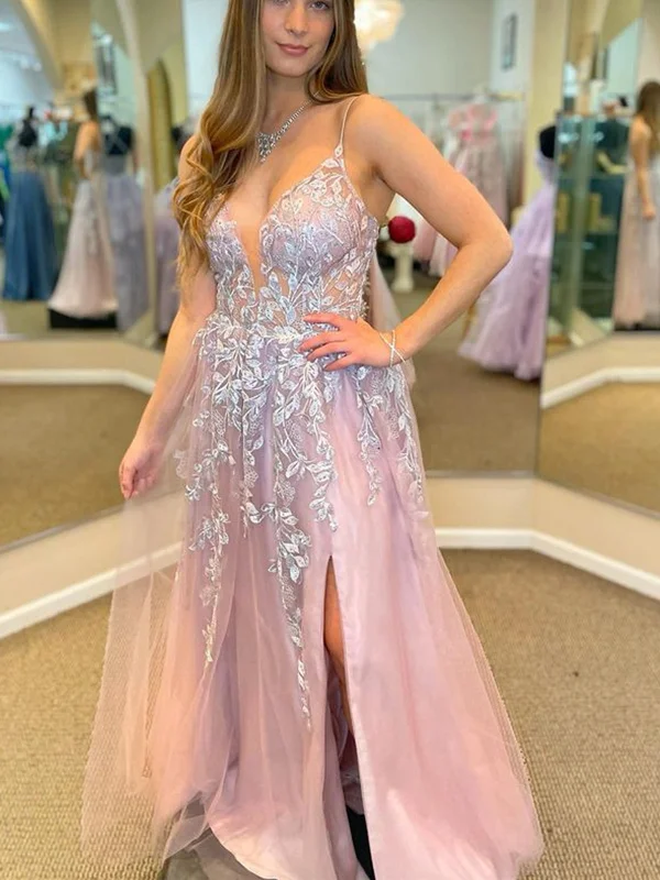 velvet party dressesV Neck Backless Pink Long Prom Dresses with Lace Appliques, Pink Lace Formal Dresses, Long Pink Tulle Evening Dresses SP2363