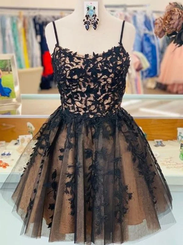 lightweight party dressesUnique Black Lace Champagne Short Homecoming Prom Dresses, Black Lace Formal Graduation Evening Dresses