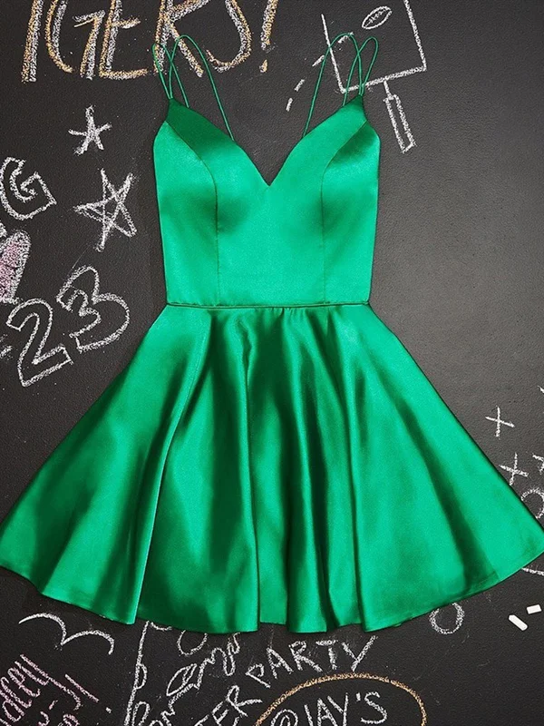 bridesmaid party dressesCute V Neck Green Satin Short Homecoming Prom Dresses, V Neck Green Formal Graduation Evening Dresses