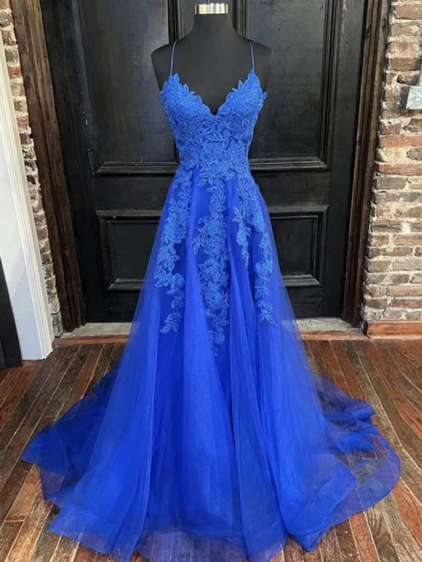 eco-friendly party dressesV Neck Open Back Blue Lace Long Prom Dresses, Blue Formal Dresses with Lace Appliques, Blue Evening Dresses SP2570