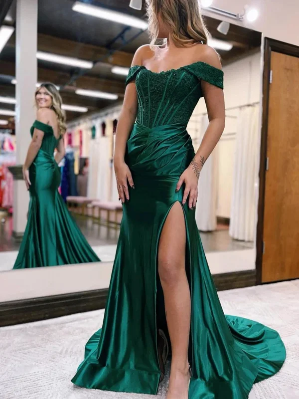 off-the-shoulder party dressesOff Shoulder Green Lace Mermaid Long Prom Dresses with High Slit, Green Lace Formal Dresses, Mermaid Green Evening Dresses SP2550