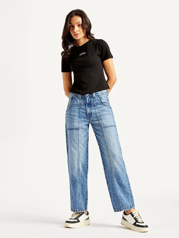 women's denim jeans with stretch fabricWomen's High Rise Baggy Carpenter Blue Jeans