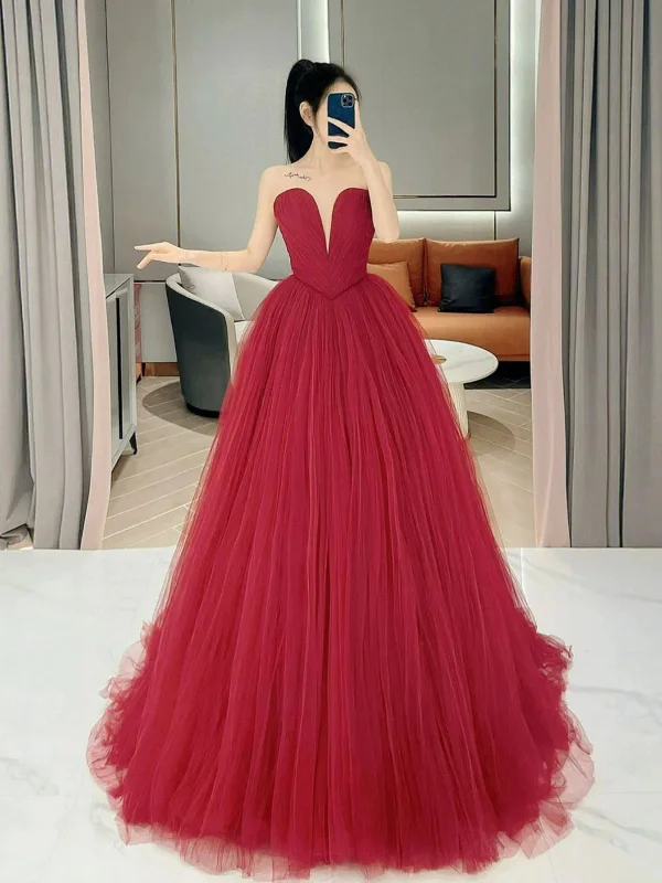 bodycon party dressesStrapless V Neck Burgundy Tulle Long Prom Dresses, Strapless Burgundy Formal Dresses, Burgundy Evening Dresses SP2558