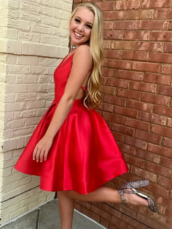 stylish party dressesA Line V Neck Open Back Short Red Prom Homecoming Dresses, Short Backless Red Formal Graduation Evening Dresses