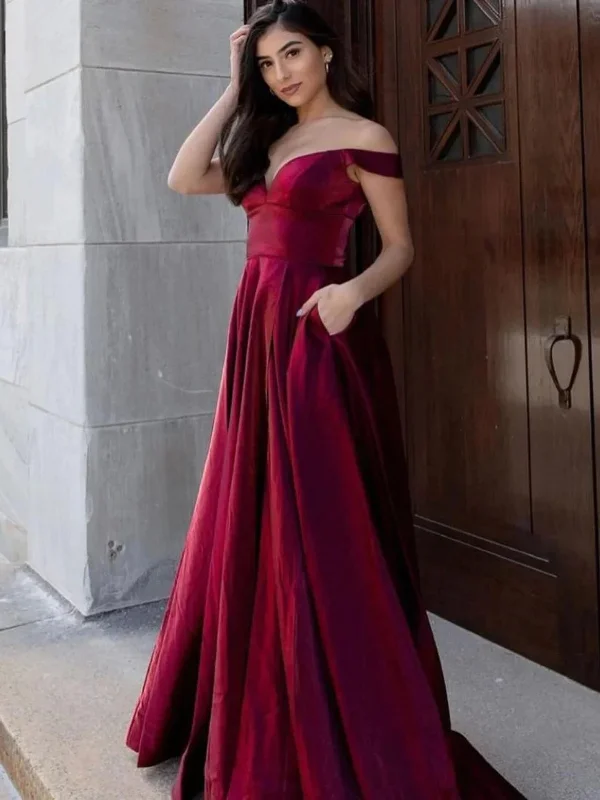 clubwear party dressesOff Shoulder Burgundy Velvet Long Prom Dresses with Pocket, Long Burgundy Formal Graduation Evening Dresses SP2650