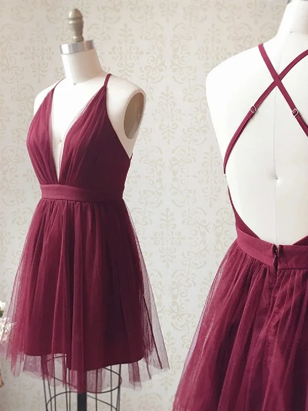 handmade party dressesSimple V Neck Backless Burgundy Short Prom Dresses Homecoming Dresses, Burgundy Backless Formal Graduation Evening Dresses