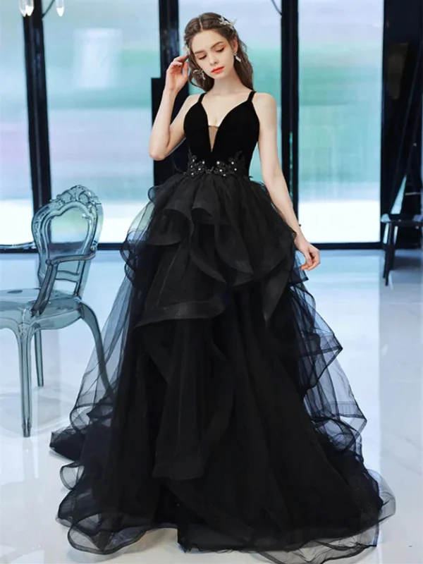 beach party dressesElegant V Neck Open Back Black Tulle Long Prom Dresses, Long Black Formal Graduation Evening Dresses SP2543