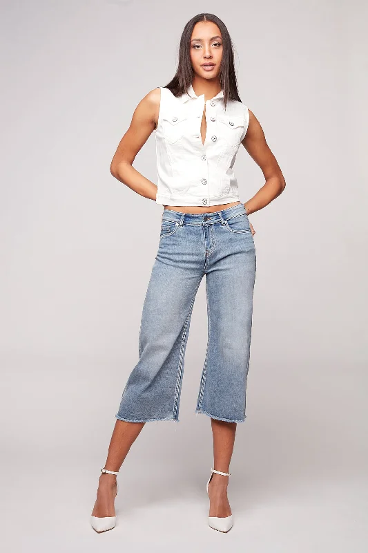 women's denim jeans with stretch fabricMEGHAN - Ladies 5 Pocket Wide Leg Cropped Pant - Vintage Bleach