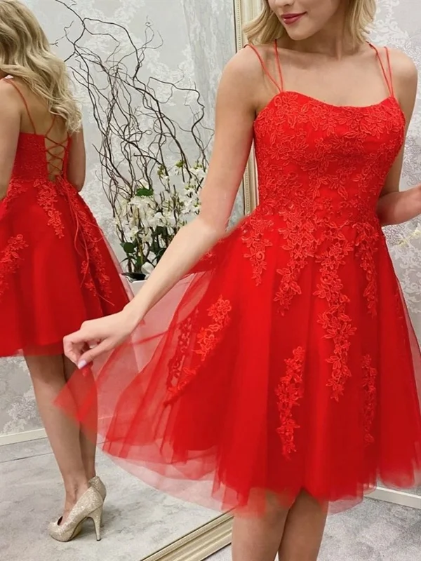 semi-formal party dressesPrincess Short Red Lace Prom Dresses, Red Lace Homecoming Dresses, Short Red Formal Evening Dresses