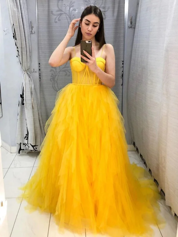 A-line party dressesSweetheart Neck Fluffy Yellow Tulle Long Prom Dresses, Yellow Formal Evening Dresses, Ball Gown SP2663