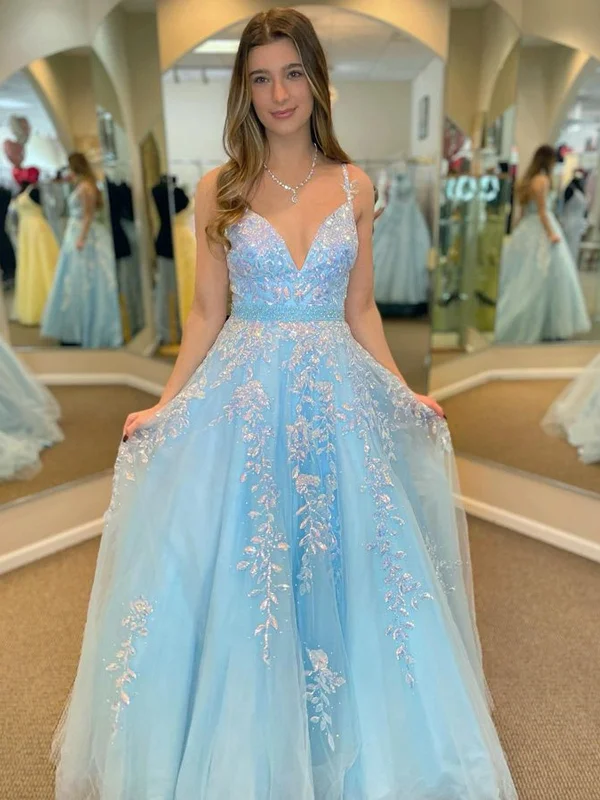 mother-of-the-bride party dressesA Line V Neck Open Back Beaded Blue Lace Long Prom Dresses with Belt, Blue Lace Formal Dresses, Beaded Blue Evening Dresses SP2387