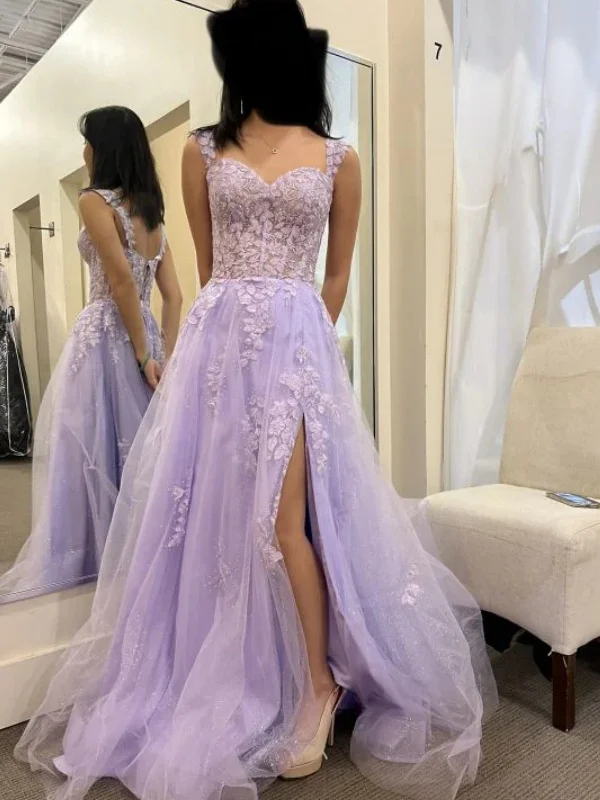 birthday party dressesOpen Back Lilac Lace Long Prom Dresses with High Slit, Purple Lace Tulle Formal Evening Dresses, Lilac Ball Gown SP2475