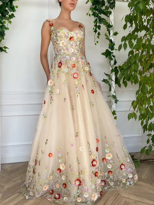 maxi party dressesA Line Champagne Tulle Floral Long Prom Dresses, Champagne Formal Graduation Evening Dresses with 3D Flowers SP2630