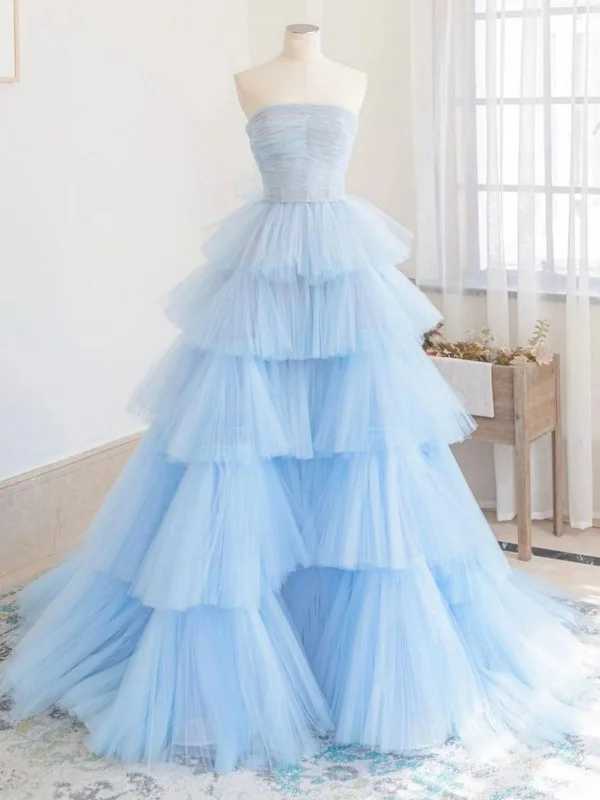 sweetheart-neck party dressesStrapless Layered Light Blue Tulle Long Prom Dresses, Gorgeous Light Blue Formal Evening Dresses, Tulle Ball Gown SP2559