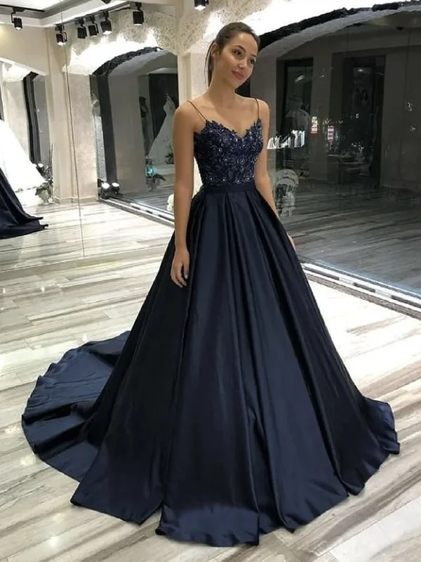 peplum party dressesA Line V Neck Beaded Black Lace Long Prom Dresses, Black Formal Graduation Evening Dresses SP2525