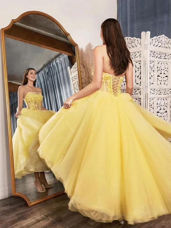 elegant party dressesStrapless Yellow Lace Floral Tea Length Prom Dresses, Yellow Lace Formal Dresses, Tea Length Yellow Evening Dresses SP2375