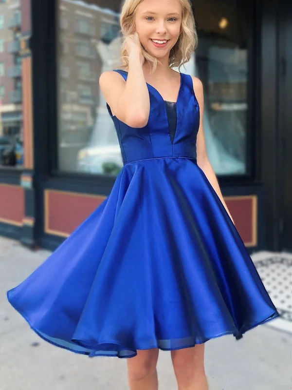 satin party dressesA Line V Neck Royal Blue Short Prom Dresses, V Neck Royal Blue Homecoming Dresses, Short Royal Blue Formal Evening Dresses SP2076