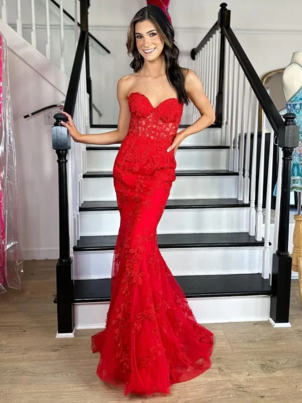 asymmetrical party dressesStrapless Mermaid Red Lace Long Prom Dresses, Red Lace Formal Dresses, Mermaid Red Evening Dresses SP2604