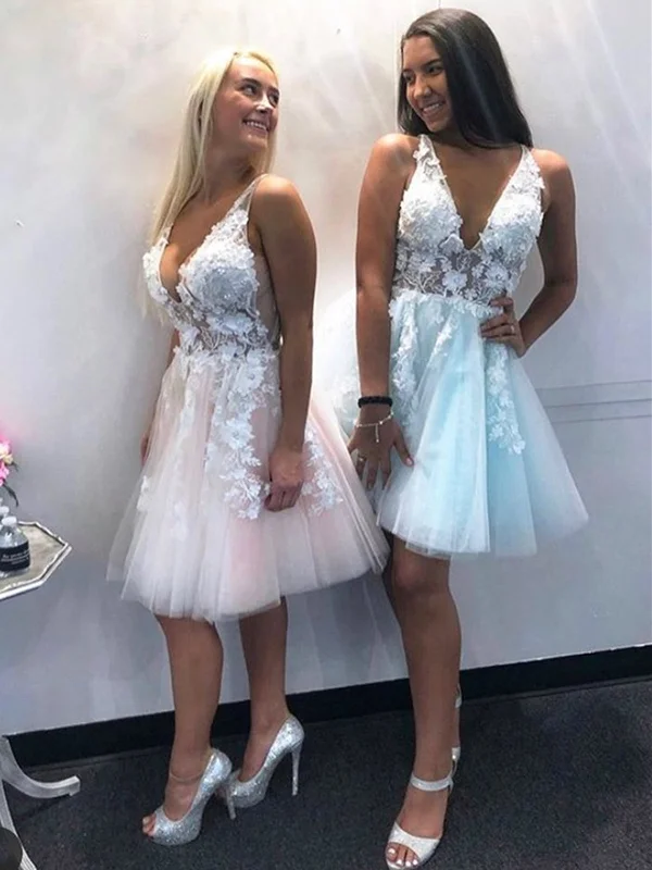 plus-size party dressesV Neck Pink Blue Lace Floral Short Prom Dresses, Short Pink Blue Lace Formal Evening Homecoming Dresses