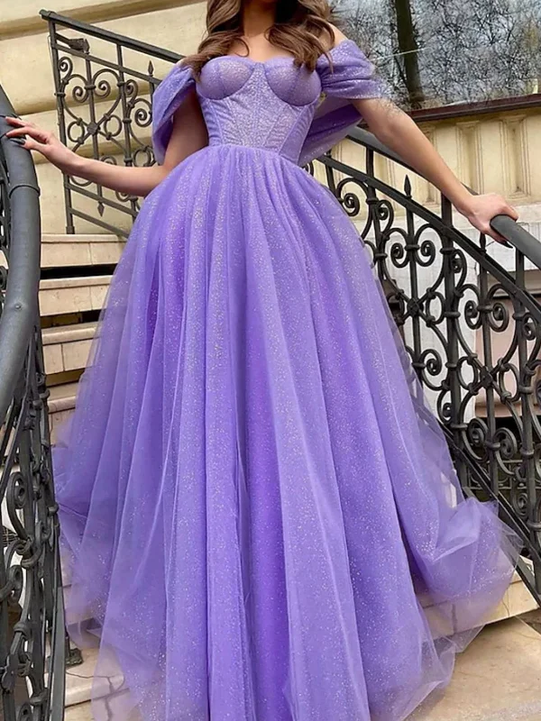 floral party dressesShiny Tulle Off Shoulder Purple Long Prom Dresses, Purple Formal Dresses, Off the Shoulder Evening Dresses SP2536