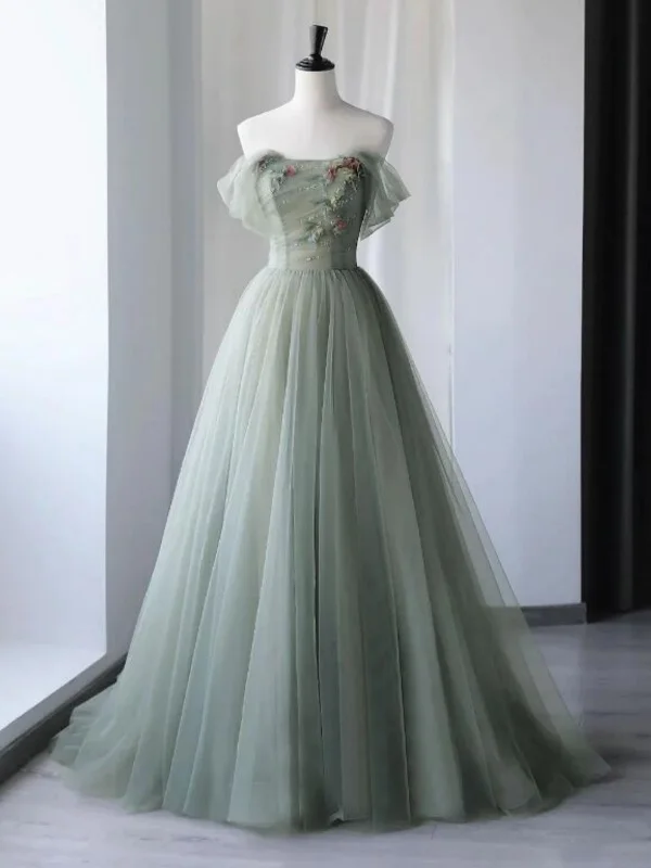 mini party dressesOff Shoulder Green Tulle Floral Long Prom Dresses, Off the Shoulder Formal Dresses, Green Evening Dresses with 3D Flowers SP2671