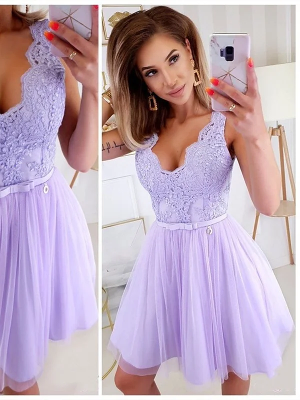 plus-size friendly party dressesV Neck Purple Lace Short Prom Homecoming Dresses, Purple Lace Formal Graduation Evening Dresses