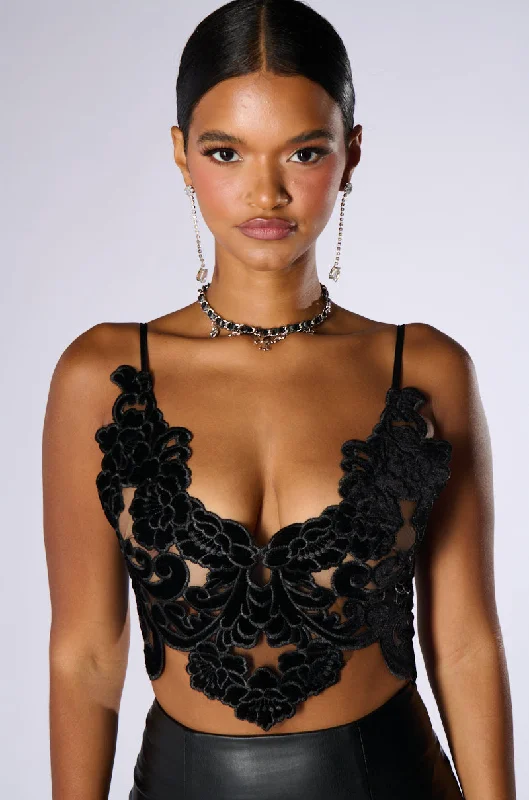 off-the-shoulder women's topsIN THE GARDEN VELVET BRALETTE TOP IN BLACK